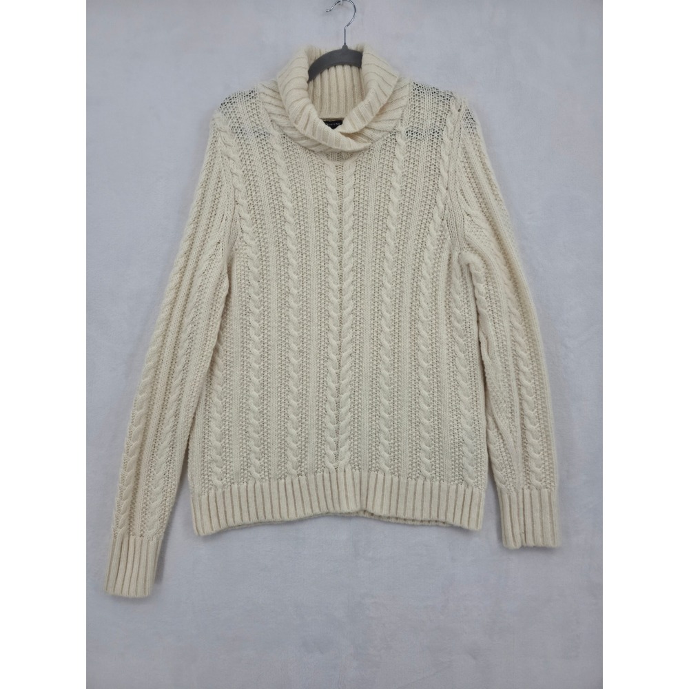 Lands End Womens Ivory Cable Knit Turtleneck Sweater Wool Alpaca Blend Large
